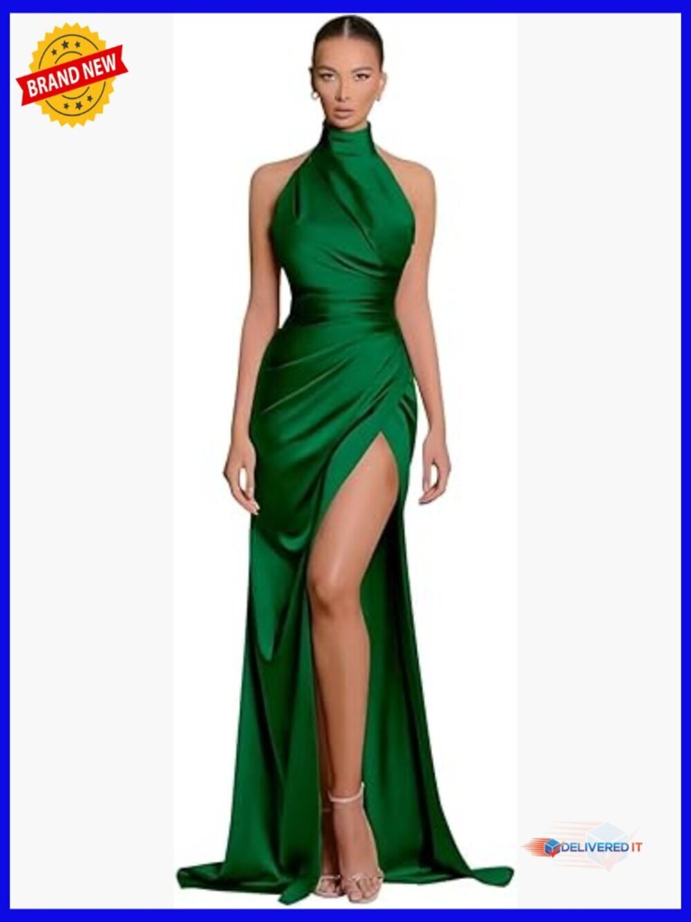 Halter Mermaid Formal Gown Satin Pleated Floor Length Bridesmaid Dress